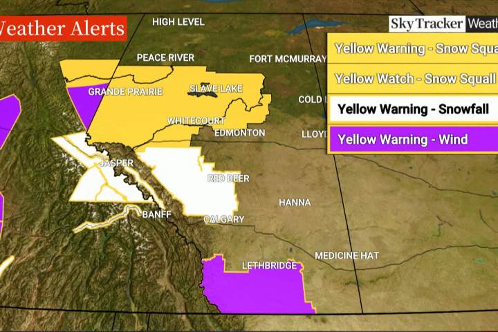 Fortes nevascas e alertas de vento forte emitidos para grande parte do sul de Alberta