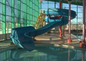 O grande tobogã azul do Lakewood Civic Center foi fechado por riscos de segurança